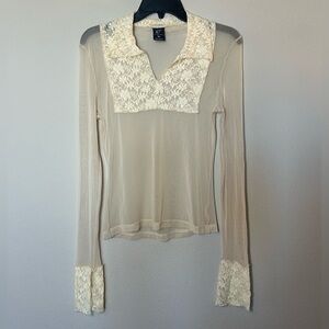Sheer Blouse Woman’s XL Long Sleeve Top Laced Translucent Bodice Form Fitting